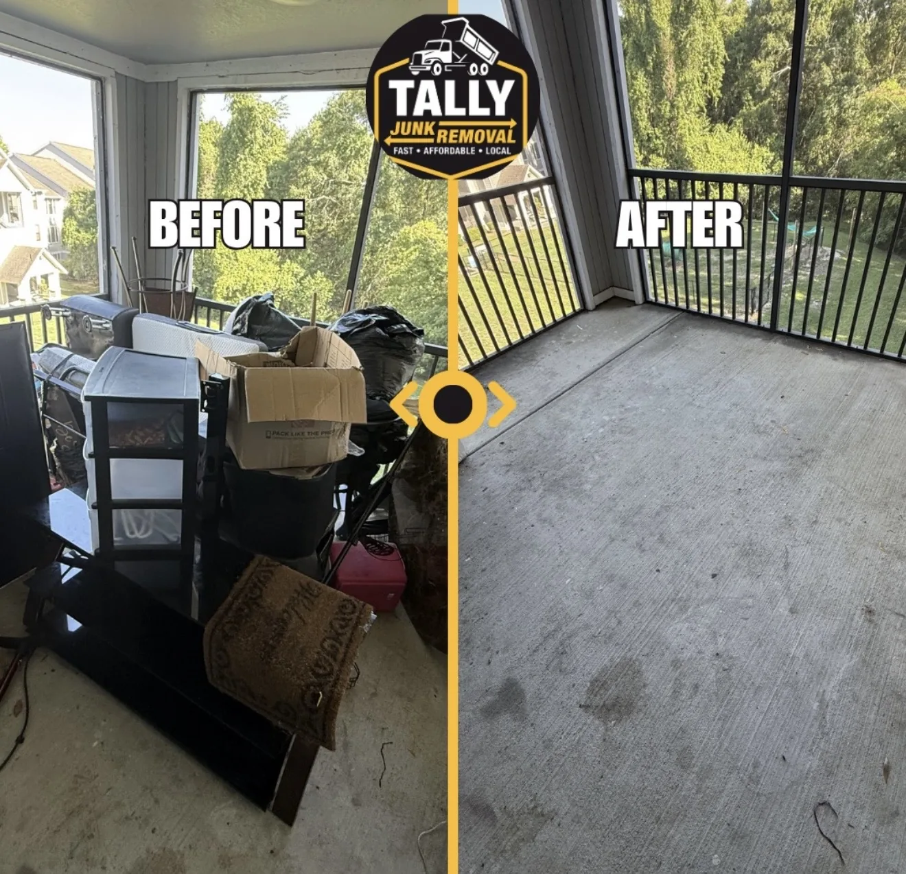 Side by side view of a screened porch filled with shelving, bagged items, and boxes, then the same porch cleared to open concrete