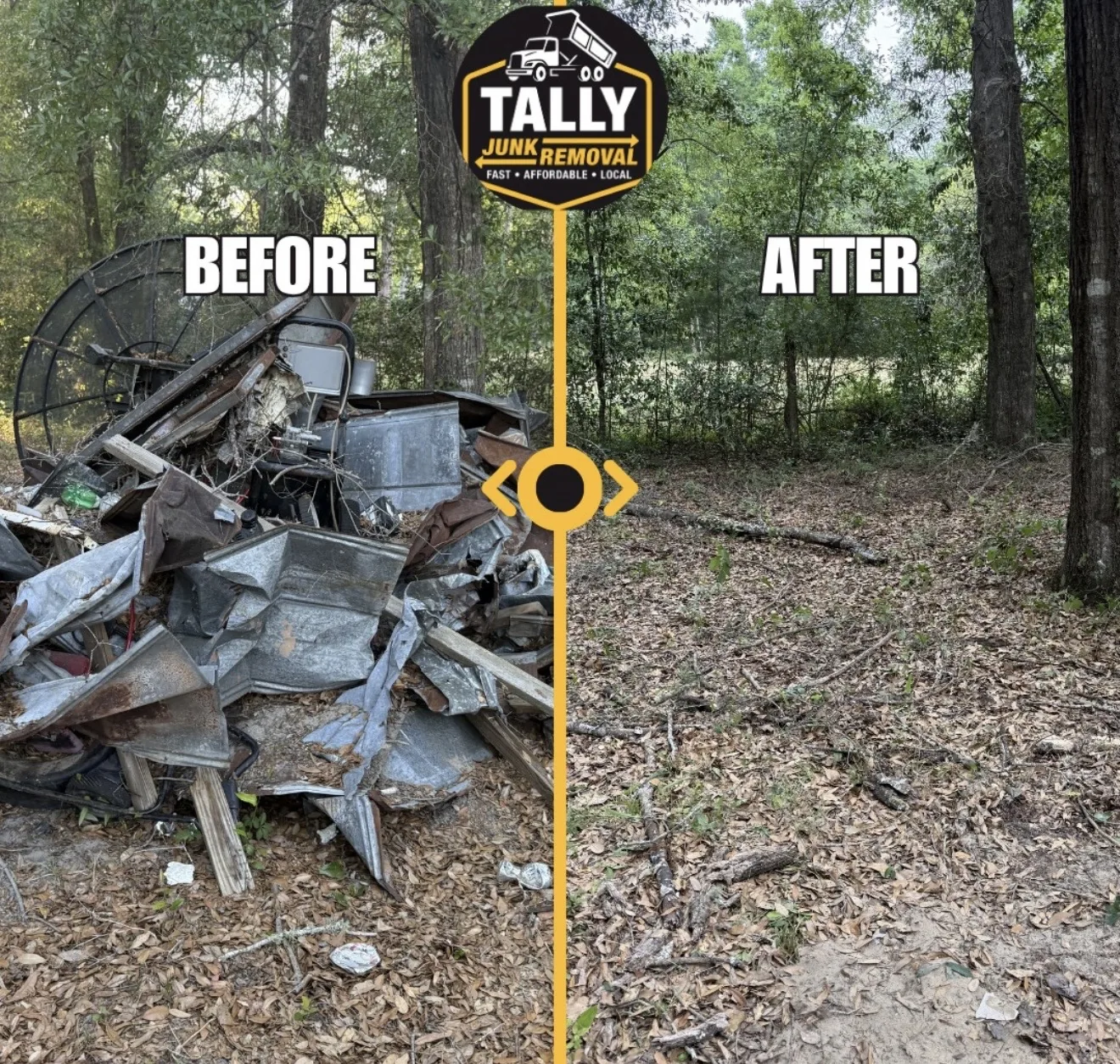 Side by side view of a pile of rusted sheet metal and scrap at a wooded tree line, then the same spot cleared to leaf covered ground