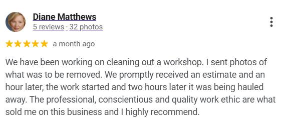 Five-star review from Diane Matthews on a workshop cleanout