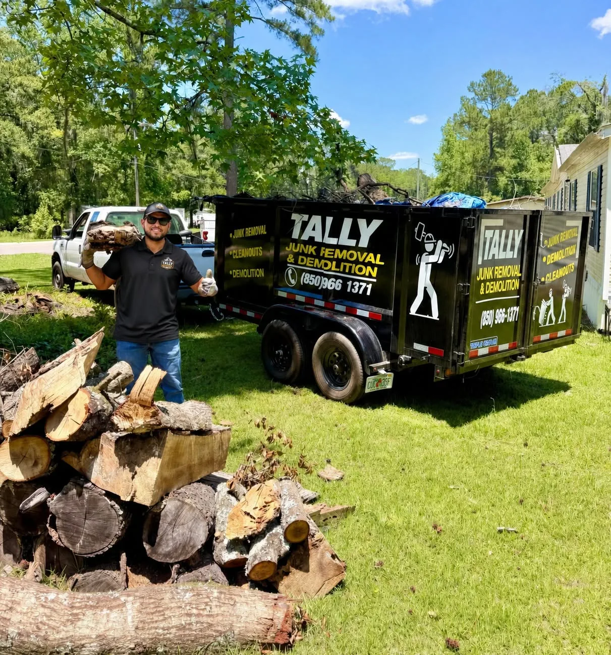 Tally Junk Removal & Demolition team member loading cut logs beside the black branded dump trailer marked junk removal, cleanouts, and demolition with the phone number (850) 966-1371