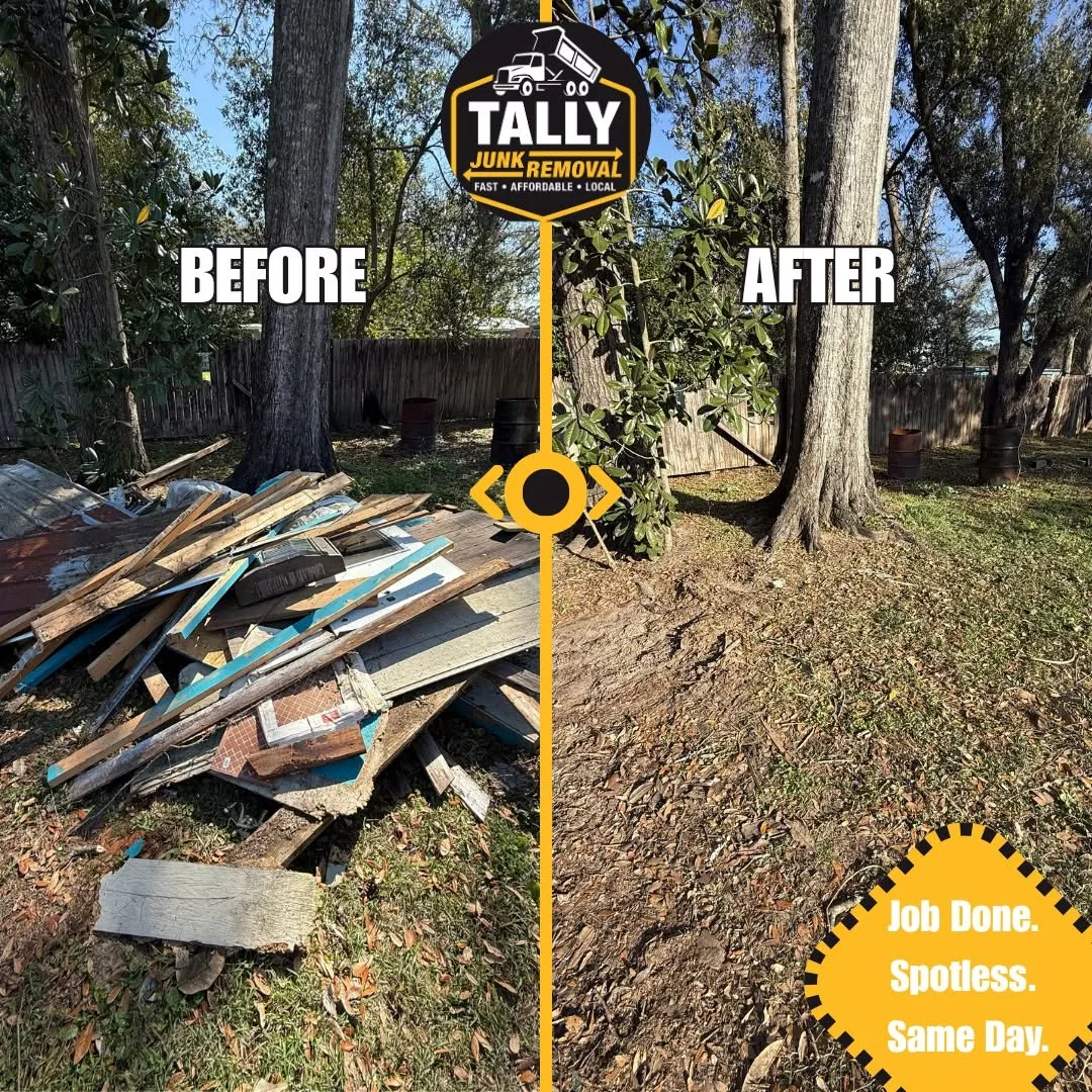 Side by side view of scrap lumber and old siding stacked under backyard trees, then the same area raked clear