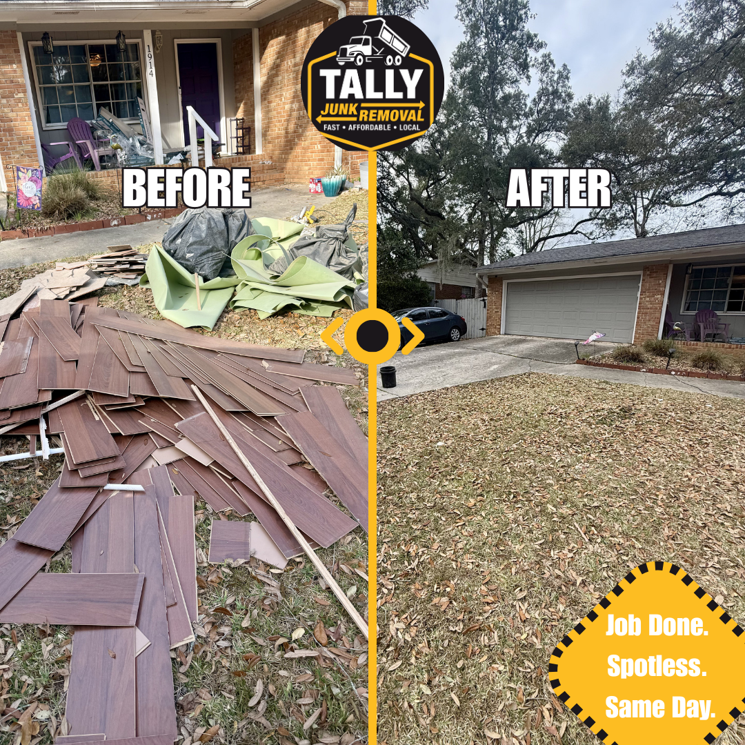 Before and after: front yard debris hauled away, leaving a clean driveway and lawn