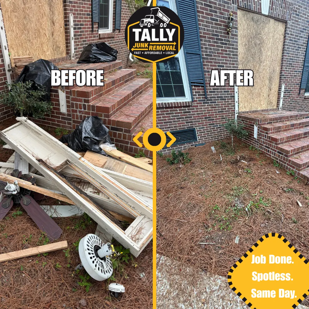 Before and after: front porch and steps cleared of construction debris and bagged trash
