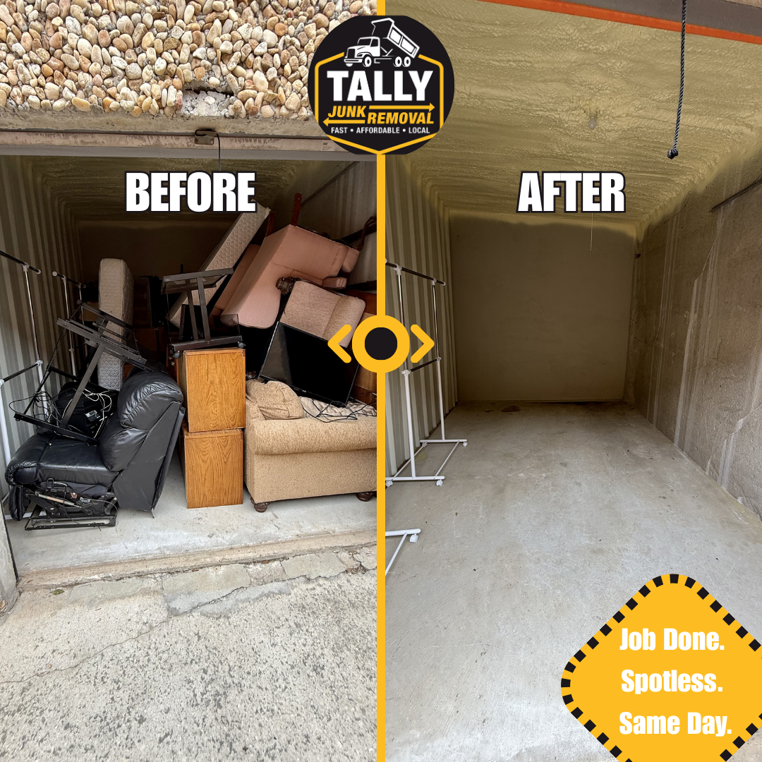 Before and after: storage unit cleared of furniture, mattresses, and appliances