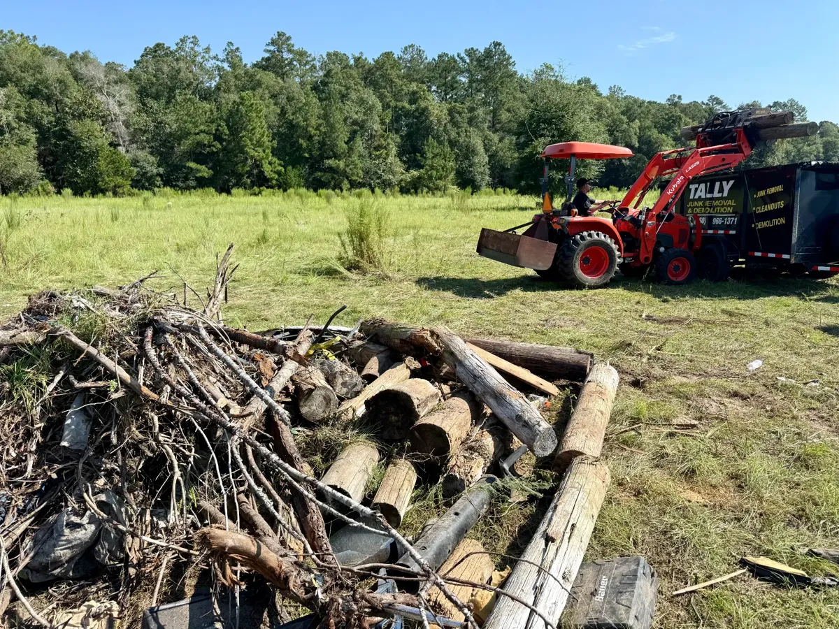 Pile of cut logs, branches, and debris waiting to be hauled off a rural property