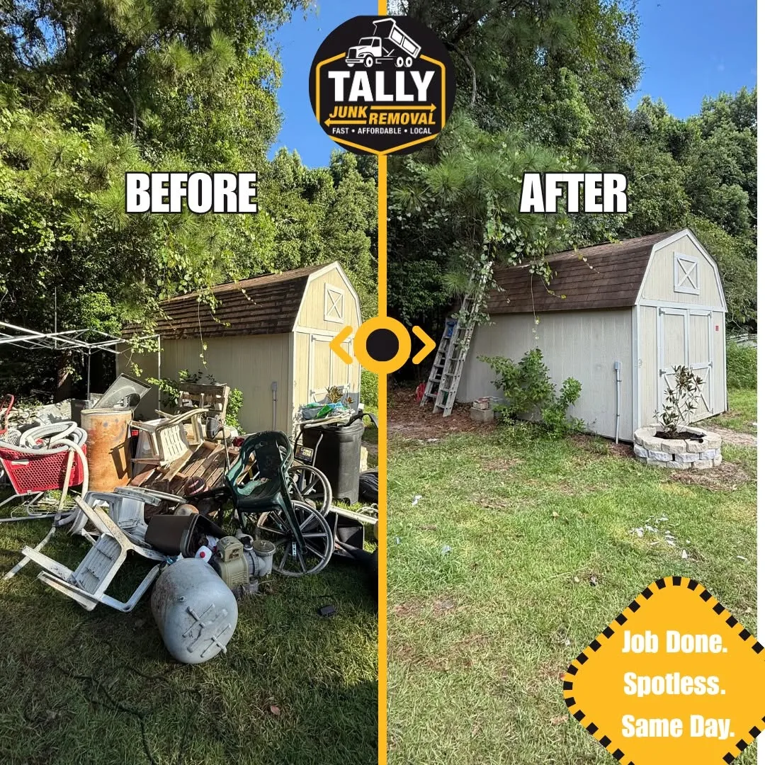 Side by side view of a backyard shed surrounded by scrap chairs, hoses, and an old tank, then the same yard cleared to open grass