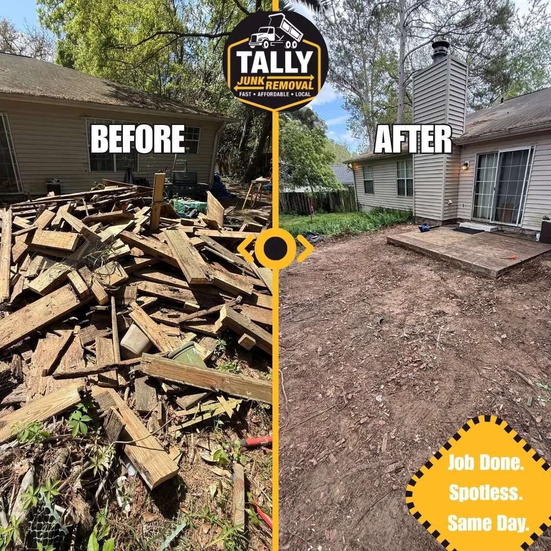 Side by side view of a large pile of torn out deck boards behind a house, then the same yard cleared down to bare ground